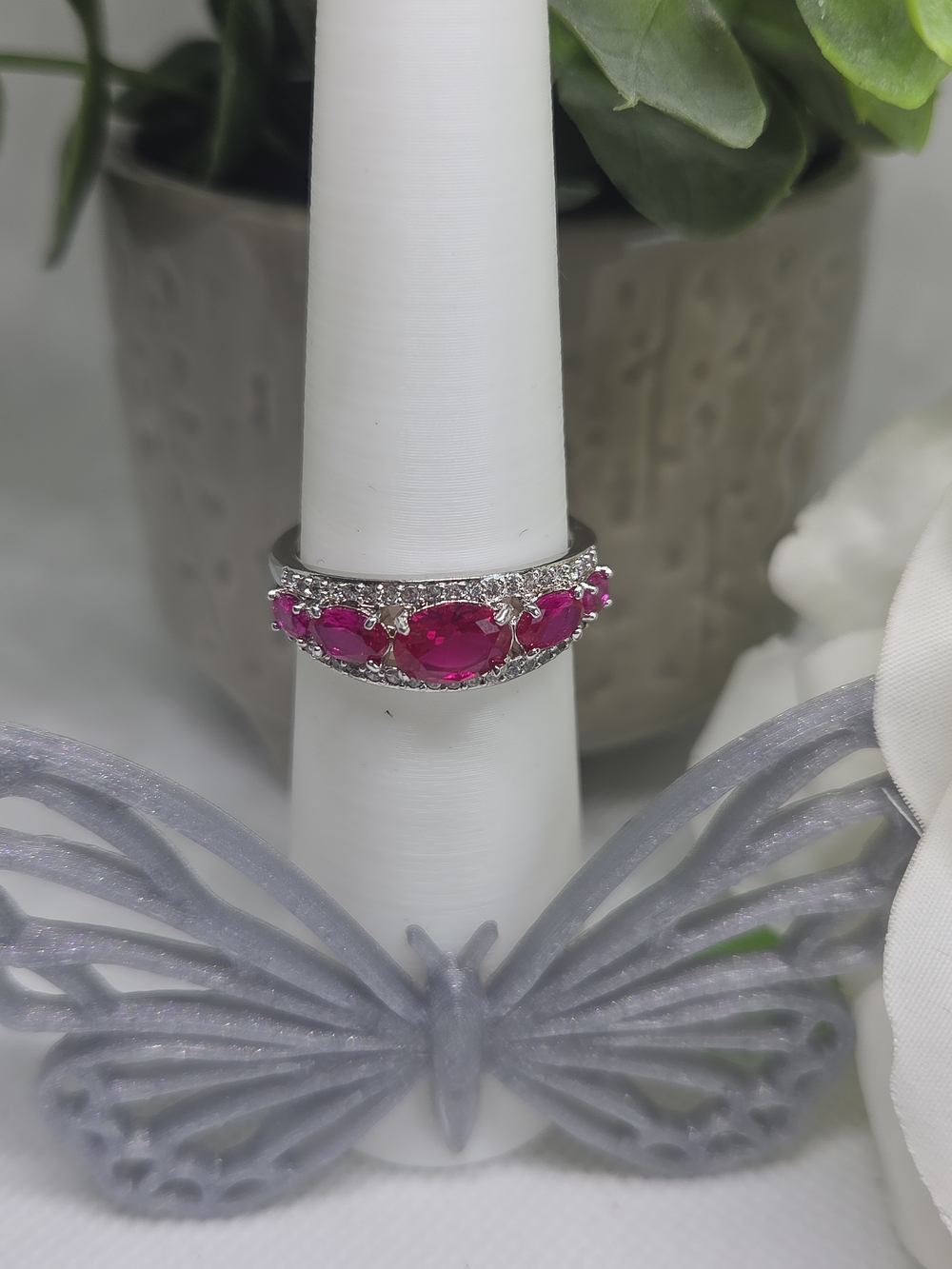 Elegant Pink Gemstone Halo Band On Rhodium Plating